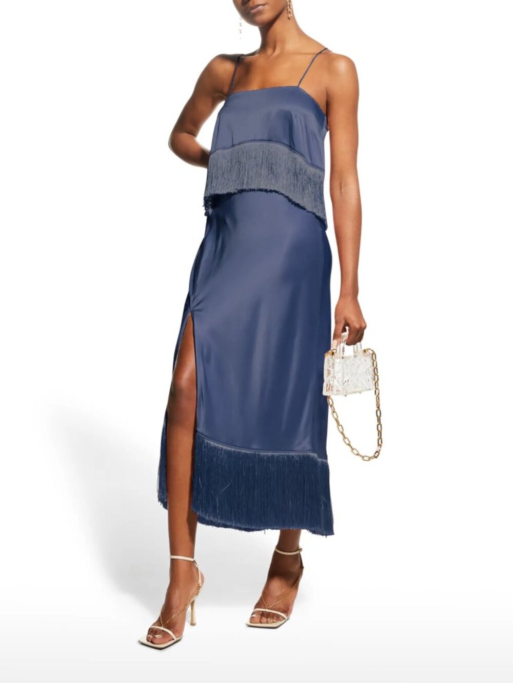 Cinq à Sept Eastwood Fringe Silk-Satin Midi Dress Square Neck Navy Blue